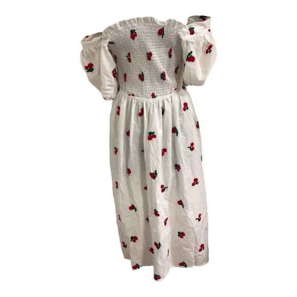 White cherry print puff‎ sleeve doen look smocked cottage dress size medium new - Picture 12 of 15